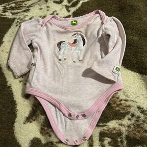 John Deere girls pink, long, sleeved onesie with horse.